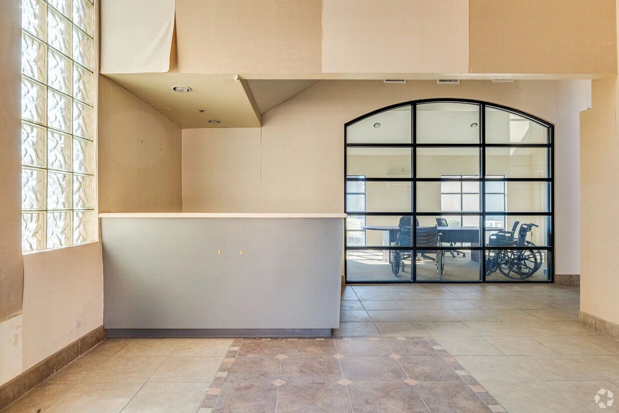 Interior reception desk with glass partition
